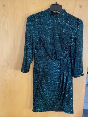 Lipsy Teal Sequin Mock-Neck Long Sleeve Dress